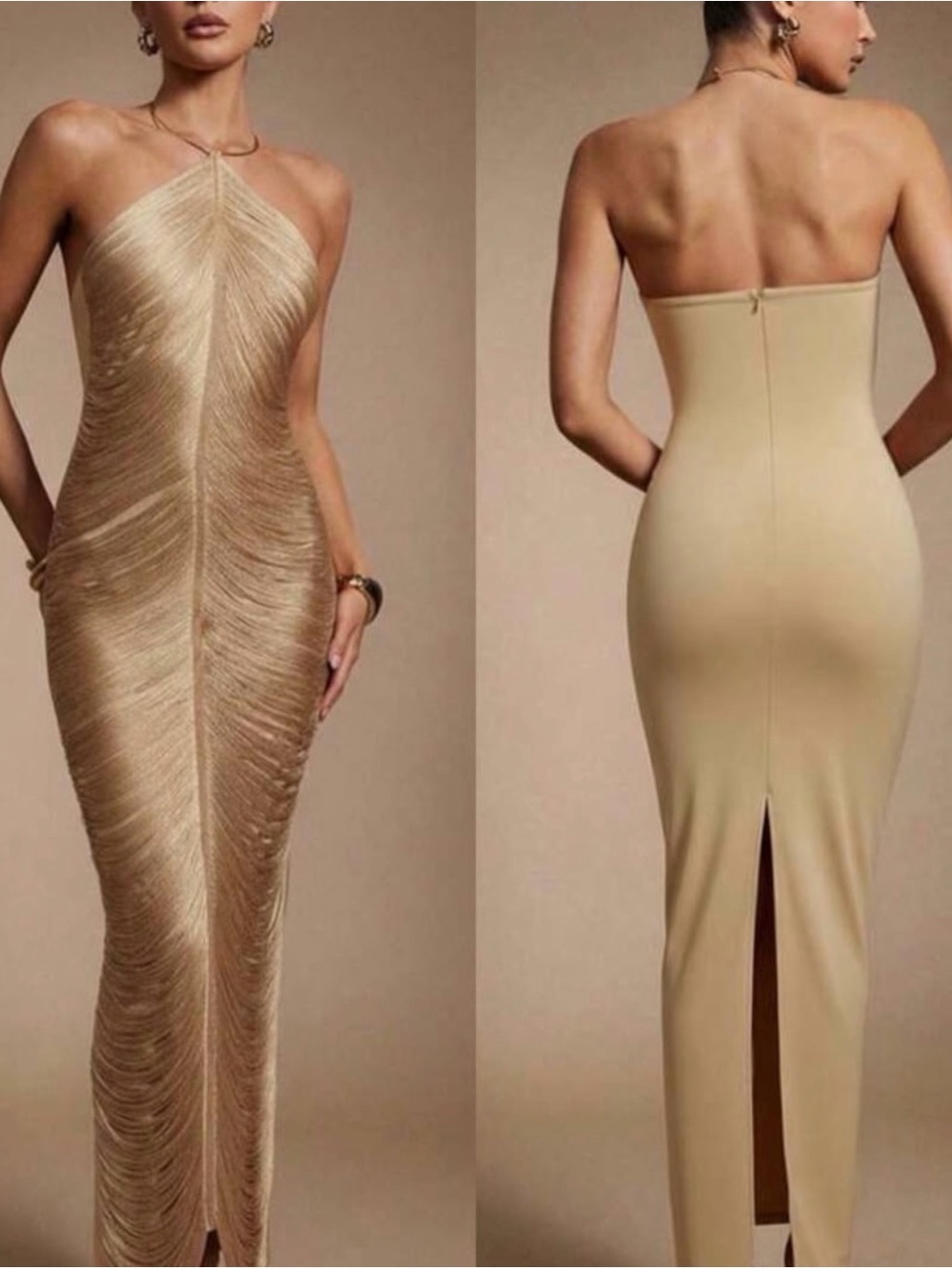 SHEIN Gold Halter-Back Ruched Maxi Dress